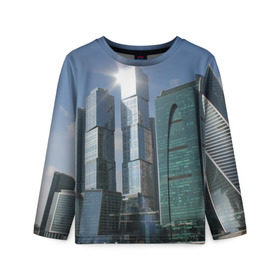 Детский лонгслив 3D с принтом Москва-сити в Ханты-Майнсийске, 100% полиэстер | длинные рукава, круглый вырез горловины, полуприлегающий силуэт
 | 870 лет | city | moscow | выставочная | деловой центр | день города | красная пресня | краснопресненская набережная | москва сити