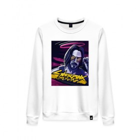 Женский свитшот хлопок с принтом Cyberpunk 2077 Киану Ривз в Ханты-Майнсийске, 100% хлопок | прямой крой, круглый вырез, на манжетах и по низу широкая трикотажная резинка  | cyberpunk 2077 | hacker | hacknet | арт | взлом | киберпанк | программист | хакер