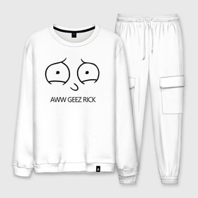 Мужской костюм хлопок с принтом Aww geez Rick в Ханты-Майнсийске, 100% хлопок | на свитшоте круглая горловина, мягкая резинка по низу. Брюки заужены к низу, на них два вида карманов: два “обычных” по бокам и два объемных, с клапанами, расположенные ниже линии бедра. Брюки с мягкой трикотажной резинкой на поясе и по низу штанин. В поясе для дополнительного комфорта — широкие завязки | c 137 | morty | morty smith | portal | rick | rick and morty | rick sanchez | sanchez | smith | морти | морти смит | портал | рик | рик и морти | рик санчез | санчез | смит