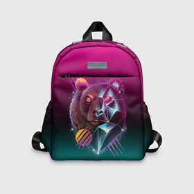 Детский рюкзак 3D с принтом RETRO CYBER BEAR NEON в Ханты-Майнсийске, 100% полиэстер | лямки с регулируемой длиной, сверху петелька, чтобы рюкзак можно было повесить на вешалку. Основное отделение закрывается на молнию, как и внешний карман. Внутри дополнительный карман. По бокам два дополнительных кармашка | Тематика изображения на принте: hotline miami | neon | outrun | outrun electro | retro | retrowave | synth | synthwave | неон | ретро | хотлайн майами