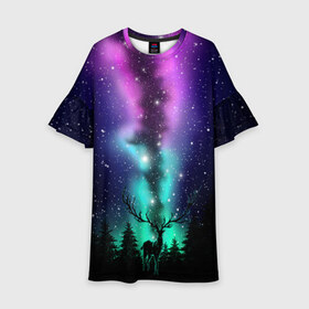 Детское платье 3D с принтом Силуэт оленя северное сияние в Ханты-Майнсийске, 100% полиэстер | прямой силуэт, чуть расширенный к низу. Круглая горловина, на рукавах — воланы | ели | елки | звезды | зверь | лес | лось | ночь | олень | рога | северное сияние | силуэт