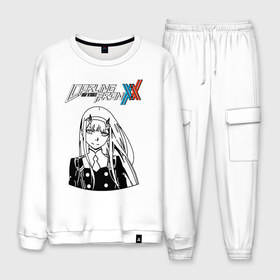 Мужской костюм хлопок с принтом DARLING IN THE FRANXX 02 в Ханты-Майнсийске, 100% хлопок | на свитшоте круглая горловина, мягкая резинка по низу. Брюки заужены к низу, на них два вида карманов: два “обычных” по бокам и два объемных, с клапанами, расположенные ниже линии бедра. Брюки с мягкой трикотажной резинкой на поясе и по низу штанин. В поясе для дополнительного комфорта — широкие завязки | anime | darling the franxx | zero two | аниме | зеро 2. | мило во франсе | милый аниме | милый во франсе | ре зеро