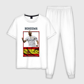 Мужская пижама хлопок с принтом Карим Бензема (Реал Мадрид) в Ханты-Майнсийске, 100% хлопок | брюки и футболка прямого кроя, без карманов, на брюках мягкая резинка на поясе и по низу штанин
 | karim benzema | карим бензема | реал мадрид | флаг испании | футболист | футбольная форма