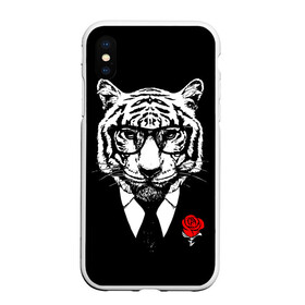 Чехол для iPhone XS Max матовый с принтом Тигр с красной розой в Ханты-Майнсийске, Силикон | Область печати: задняя сторона чехла, без боковых панелей | 2022 | authority | black suit | godfather | holiday | mafia | new year | red rose | year of the tiger | авторитет | год тигра | красная роза | крестный отец | мафия | новый год | праздник | тигр в очках | черный костюм
