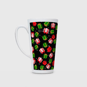 Кружка Латте с принтом Новогодние паттерн подарков в Ханты-Майнсийске, Белая керамика | Объем 480 мл; Высота 150 мм; Диаметр 90 мм | 2022 | happy new year | merry christmas | год тигра | зима близко | нг | новогодний | новогодний тигр | новогодняя символика | новый год | новый год 2022 | паттерн | подарки | подарок | праздник | рождество